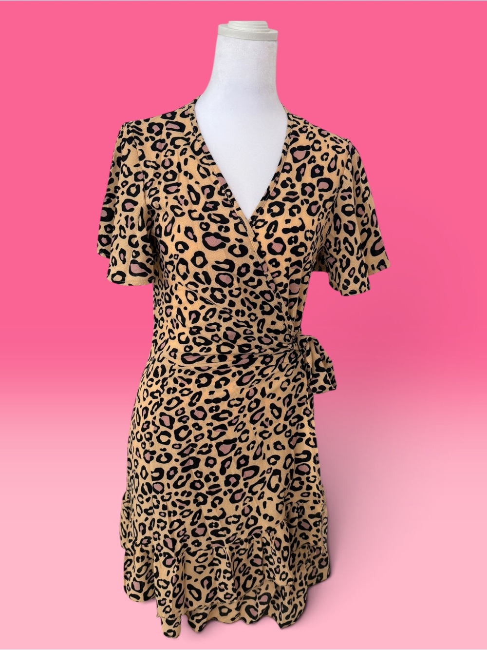 Leopard Print Wrap Mini Dress in Tan and Black